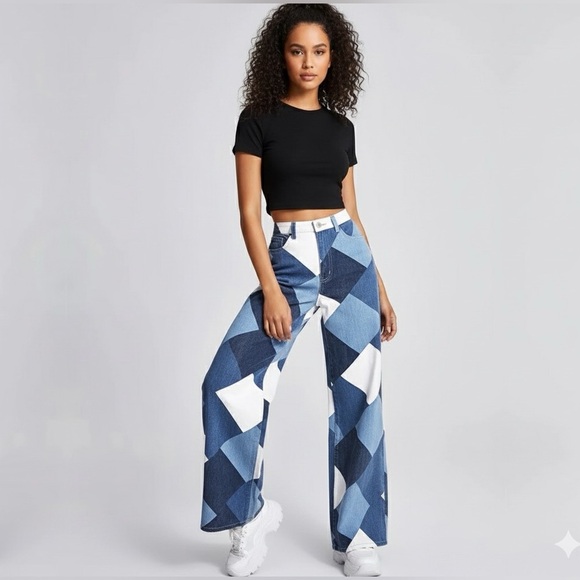 Diamond Patchwork Jesns Wide-Leg Denim – Statement Edition - Picture 7 of 14